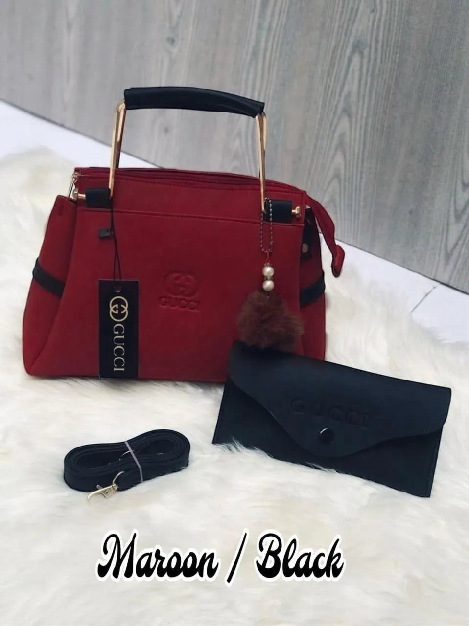 Mustard Coffee Leather Handbag with Wallet & Strap