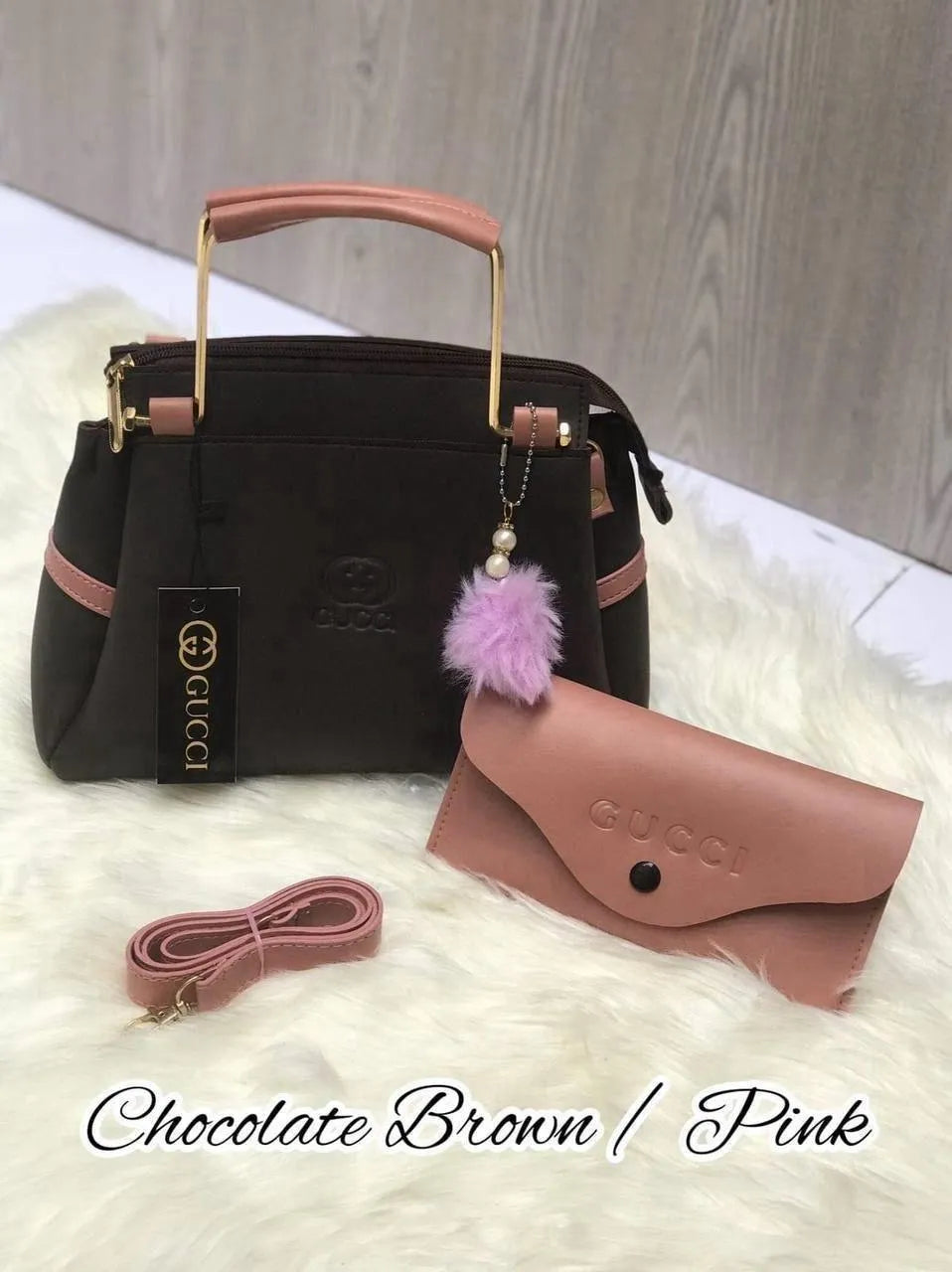 Mustard Coffee Leather Handbag with Wallet & Strap