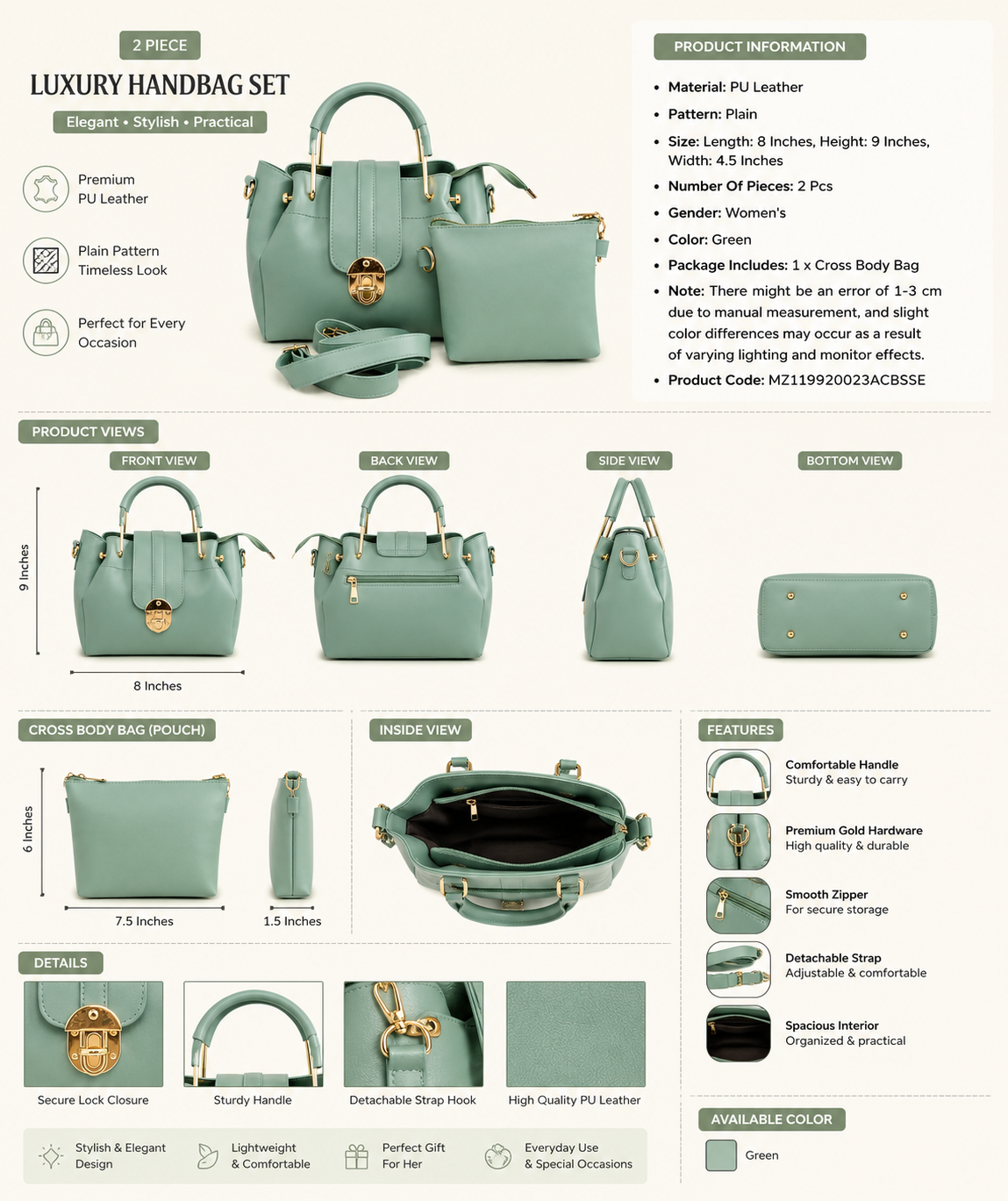 Green PU Leather Crossbody Bag Set with Pouch