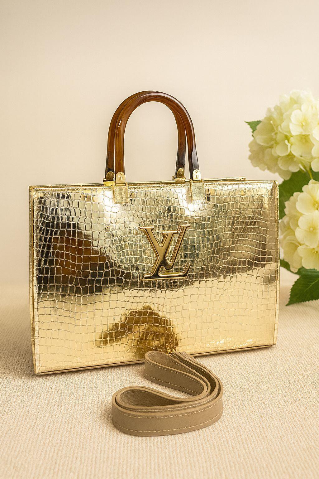 Black Rexine Tote Bag With Gold Logo & Detachable Strap