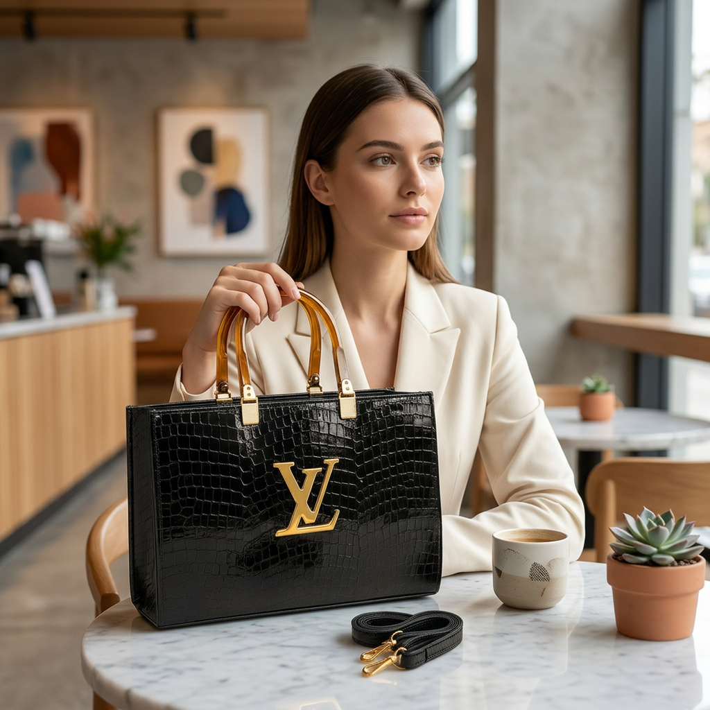 Black Rexine Tote Bag With Gold Logo & Detachable Strap