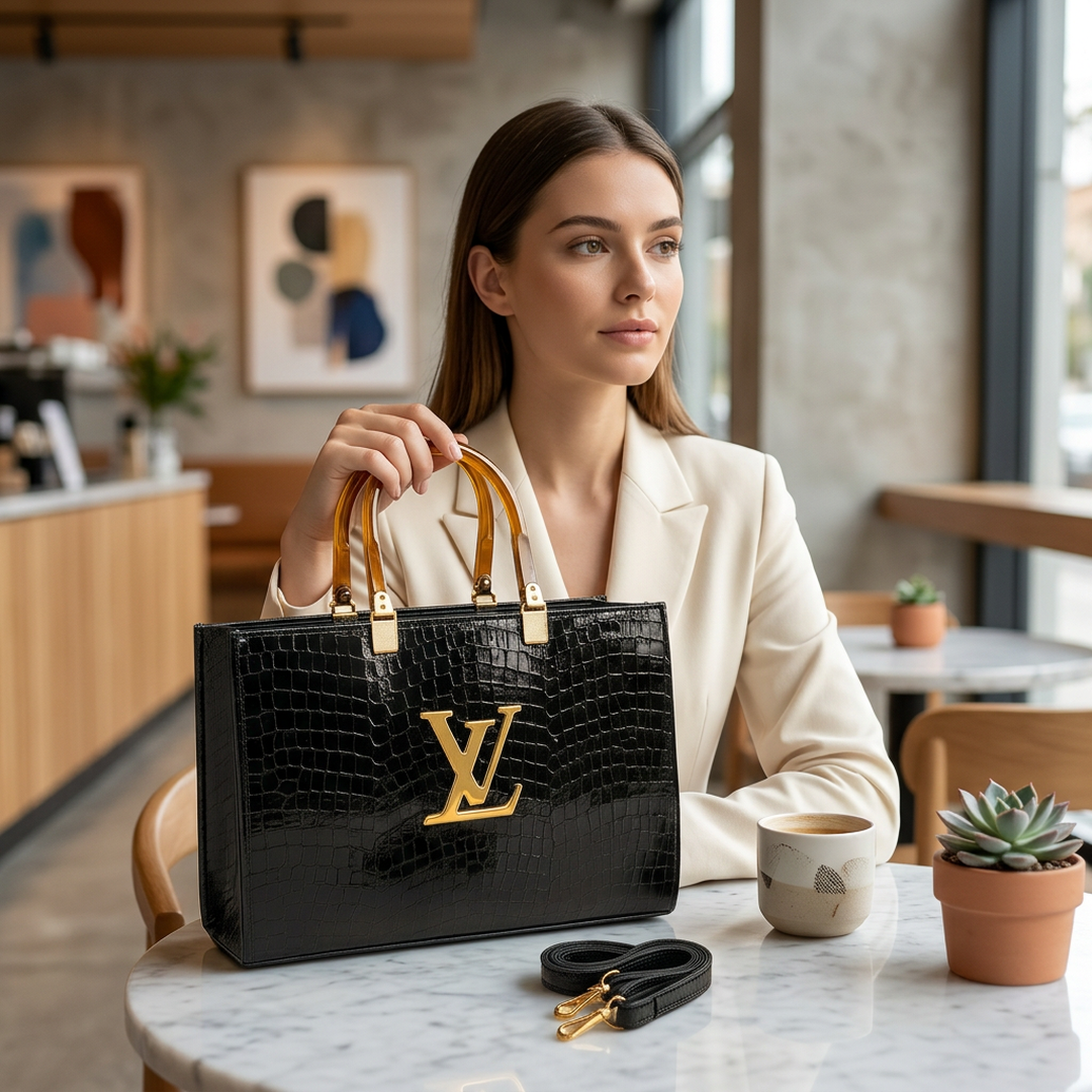 Black Rexine Tote Bag With Gold Logo & Detachable Strap