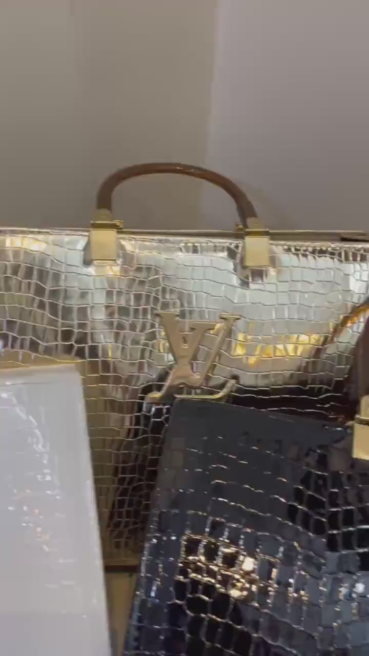 Black Rexine Tote Bag With Gold Logo & Detachable Strap