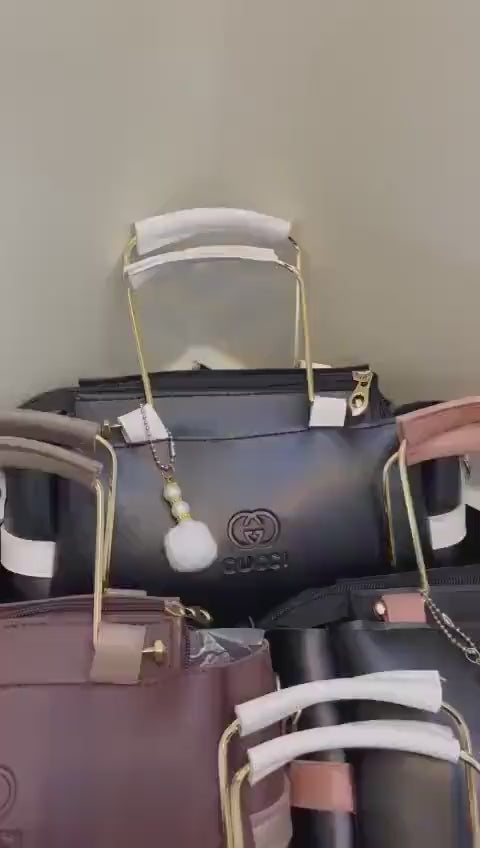 Mustard Coffee Leather Handbag with Wallet & Strap